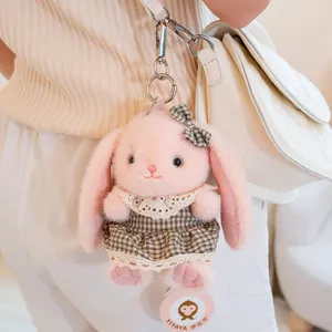 Cute pink long-ear rabbit plush keychain bag pendant with plaid dress accessory fashion
