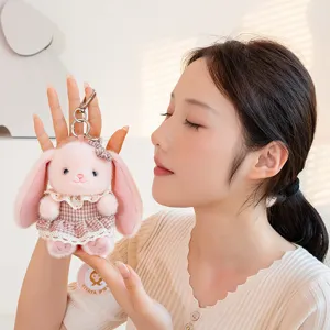 Cute pink plush bunny keychain with plaid dress, soft stuffed rabbit toy bag charm for girls