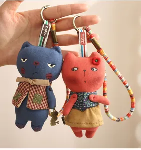 Handmade fabric cat keychain plush doll cute animal bag charm backpack pendant decor