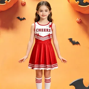 Kids Girl Halloween Bloody Splatter Cheerleader Costume Set Printed Sleeveless Dress With Pom Poms Socks Performance Outfit