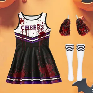 Kids Halloween cheerleader costume dress, blood splatter detail with socks and pom poms.