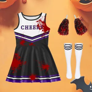 Kids Halloween bloody cheerleader costume set sleeveless dress with pom poms and socks.