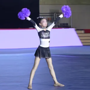 Kids cheerleader costume set, sleeveless children performance outfit with pom pom for stage show.