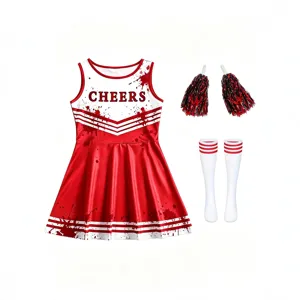 Kids Halloween Cheerleader Costume Red White Dress Outfit with Pom Poms and Knee Socks