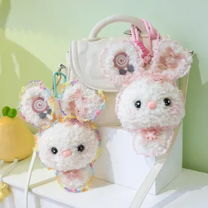 Fluffy plush rabbit keychain cute princess bunny bag charm soft stuffed animal pendant.
