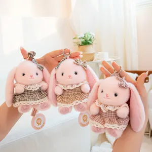 Cute plush rabbit keychain bag charm with plaid dress and bow, soft long-ear bunny doll gift.