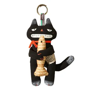 Handmade black cat plush keychain with fish cute fabric animal toy bag charm ornament