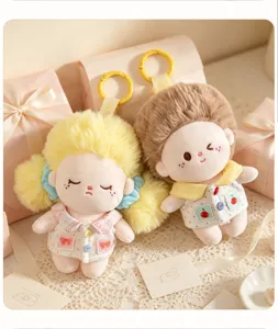 Cute plush doll keychain, fluffy afro hair cartoon character toy pendant with gift box.