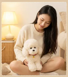 Lindo peluche de caniche esponjoso con collar rojo y un pequeño cascabel tierno.