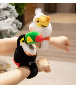 Cute toucan and white bird plush slap bracelets, detailed view of cute plush animal wristbands.