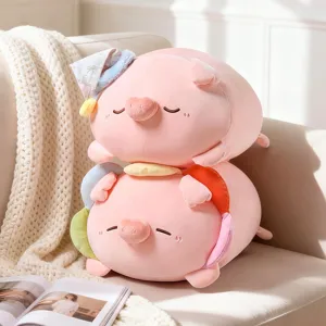 Soft Pink Pig Plush Toy Stuffed Animal Doll With Sleeping Cap Rainbow Flower Design Comfortable Pillow For Children Gift