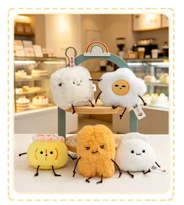 Cute breakfast plush toy keychain set, featuring fluffy egg, bun and toast design details.