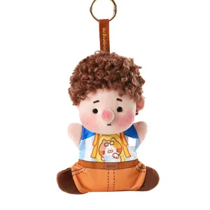 Cute fluffy curly hair plush doll keychain with adorable freckles and cat outfit.