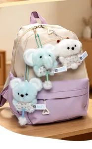 Cute plush animal pendant keychain, featuring adorable elephant and bear designs for backpacks.
