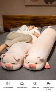 Cute pig long plush body pillow for sleeping, soft stuffed animal bolster for bed cozy.