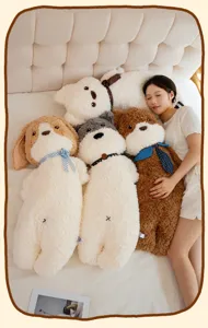 Cute plush dog long pillow and sleeping companion doll, soft stuffed toy for bedroom comfort.