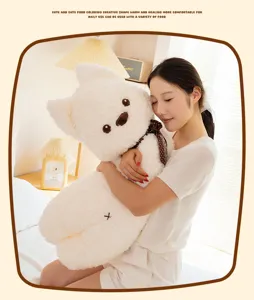 Cozy white plush dog long body pillow in soft bedroom scene, cute and comfortable for sleeping.