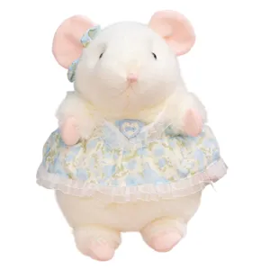 Lindo ratón de peluche con vestido floral y lazo, muñeca suave excelente regalo ideal.