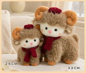 Cute curly hair plush sheep toy with red beret and scarf, soft stuffed animal, 25cm 33cm.