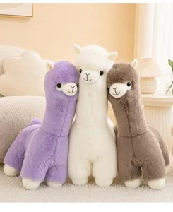 Cute alpaca plush toy set, soft stuffed animal dolls in purple white and brown colors.