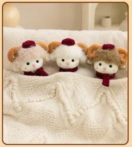 Detailed view of cute curly sheep plush toy set, soft stuffed animals with red hats and scarves.