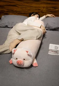 Cute pink pig long plush body pillow designed for comfortable sleeping and home relaxing use.