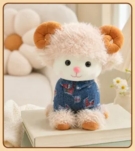 Detailed view of cute fluffy ram plush toy with curled horns and cozy denim shirt.