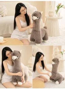 Grey alpaca plush toy lifestyle detail shot with female model at home cozy setting.