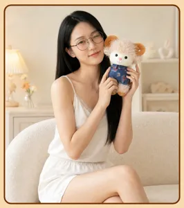 Detailed shot of a cute curly lamb plush toy with horns and blue outfit, held by a model.