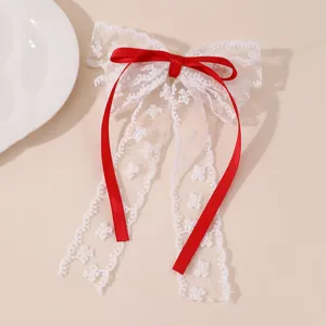 Weisser spitzen schleifen haarklammer mit rotem satin band ballett stil haarspange zubehoer
