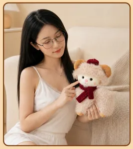 Fluffy sheep plush toy, cute curly lamb stuffed doll with red scarf for healing decor.