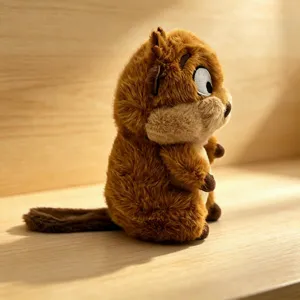 Close-up detail of a cute brown plush toy, soft stuffed animal with fluffy fur on wooden table.