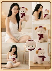 Fluffy curly sheep plush toy cute lamb doll with red scarf healing ranch animal pillow