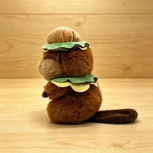 Cute burger beaver plush toy, soft stuffed animal doll with funny hat detail for kids gift.
