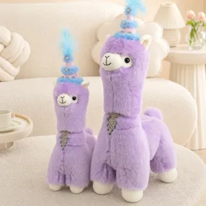 Purple alpaca plush toy set cute stuffed animal doll with hat and sparkling rhinestones for kids gift