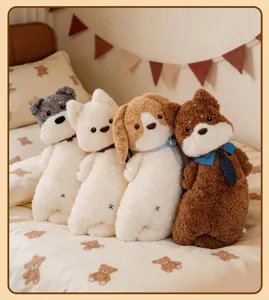 Cute plush dog long pillow details, soft stuffed animal companion toy for bedroom bed decor.