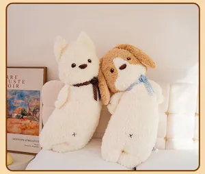 Cute puppy plush long body pillow, soft stuffed animal toy for bedroom bed sleeping and hugging.