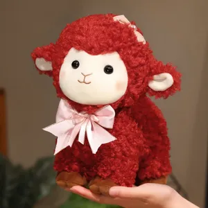 Cute red curly sheep plush toy with pink bow, soft stuffed animal lamb doll for kids gift