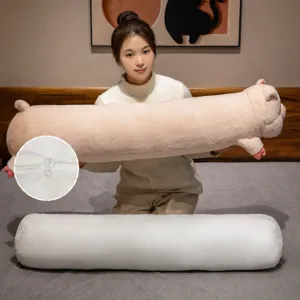 Cute pink pig long body plush pillow, soft stuffed animal toy for bed and home decor.