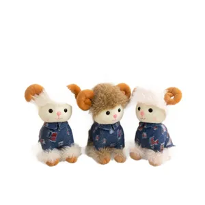 Cute curly ram plush toy set, healing ranch sheep stuffed doll with blue denim shirt.