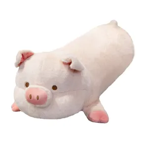 Cute pink plush pig long bolster pillow, soft stuffed animal toy for bed, home hugging cushion.