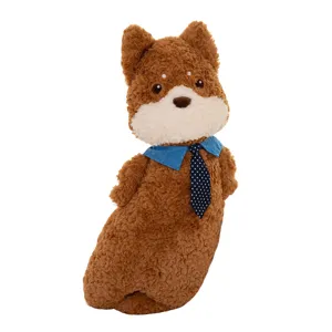 Cute brown dog plush body pillow with blue collar and polka dot tie for bed sleeping support main view