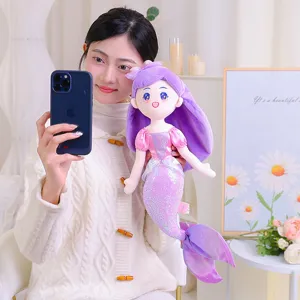 Cute purple hair mermaid plush doll sparkling sequin tail soft toy for kids birthday gift