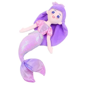 Cute plush mermaid doll with sparkling sequins tail and purple hair, soft girl birthday gift toy.