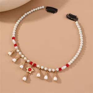Exquisite pearl brow pendant detail, traditional ethnic forehead chain with vintage drops.