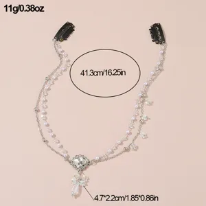 Vintage crystal pearl forehead chain multi-layer hair jewelry with teardrop pendant