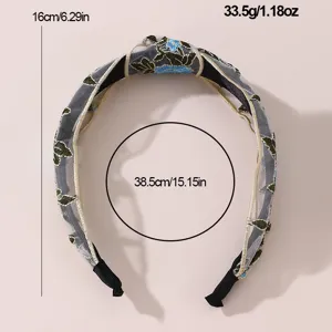 Embroidered mesh floral wide hairband for women, fashionable daily hair accessories specification.