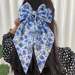 Chiffon Floral Bow Hair Clip Elegant Long Tail Spring Clip Hair Accessories For Women Girls Daily Styling Hair Jewelry