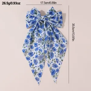 Blue floral chiffon hair bow clip elegant long ribbon hair accessory for women girls