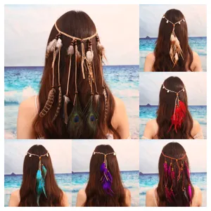 Bandeau Plume de Paon Bohémien Accessoires de Cheveux Indiens Ethniques Vacances Voyage Ruban à Cheveux pour Femmes